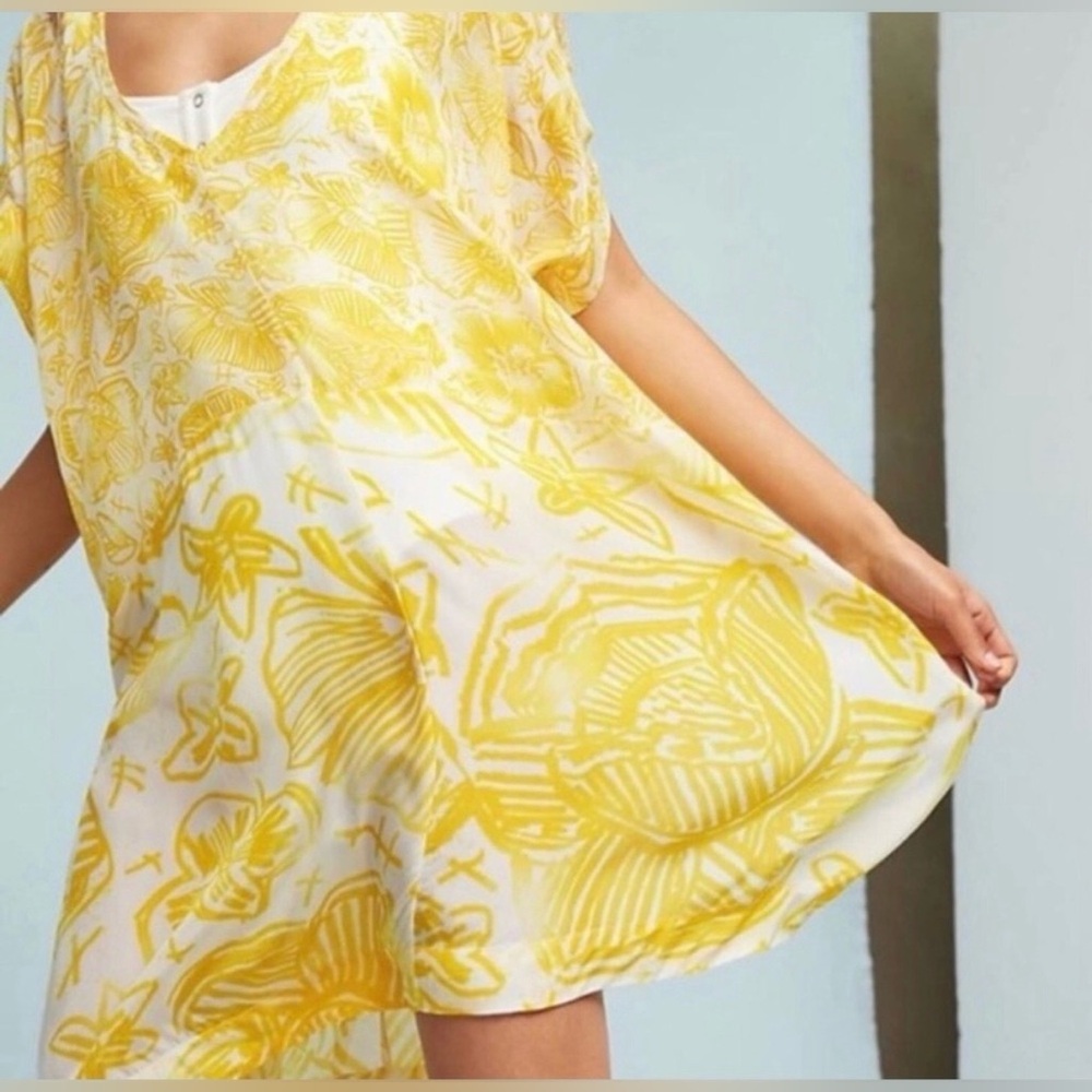 Anthropologie Lilka Nadyia Printed Caftan XS | Yellow Semi Sheer Beach Cover Up - Picture 2 of 15